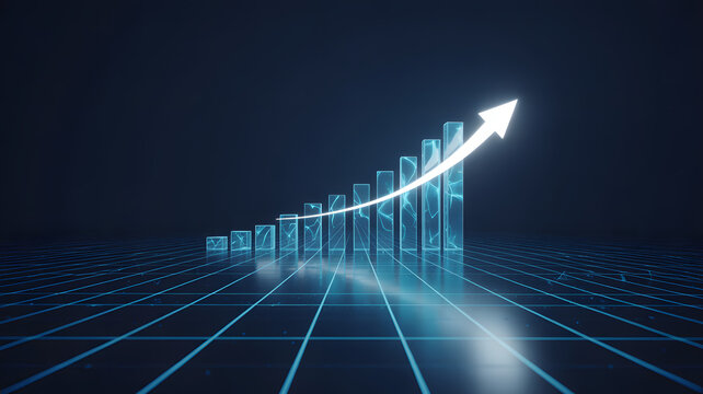 Digital glowing bar chart with upward trending arrow in dark blue abstract space - Powered by Adobe