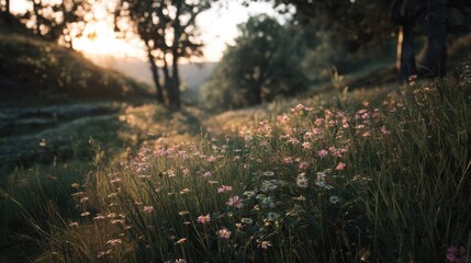 A field of flowers with a sun shining on it. The sun is in the background and the flowers are in the foreground