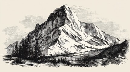 A mountain is drawn in black and white. The mountain is very large and has a snow covered peak. The mountain is surrounded by trees and the sky is cloudy. The mountain is a symbol of strength