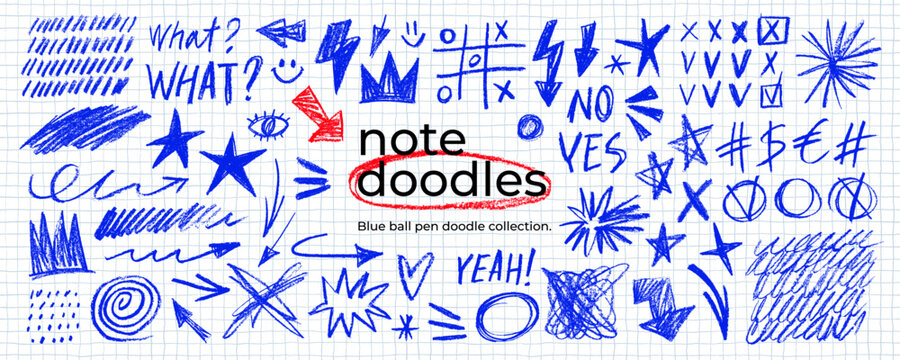 Blue ballpoint pen freehand scribbles collection. Crayon drawn doodle crown, star, arrow, grid, and check marks on grid notebook background. Chaotic note doodle elements and cute emphasis illustration
