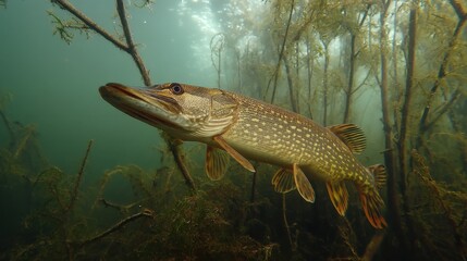 Obraz premium A fish is swimming in a murky green water. The fish is small and has a long body