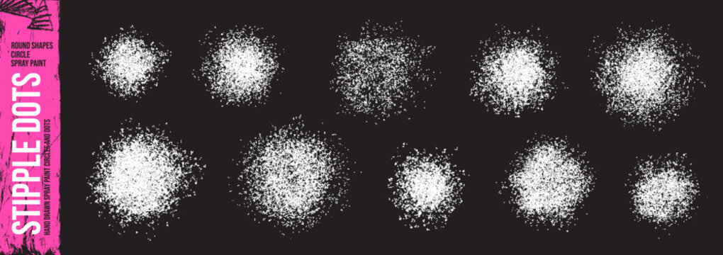Stippled radial white spray paint shapes on black background. Hand drawn grainy dust effect. White sugar powder. Grainy dissolve spray dots. Diffuse circle particles with aerosol effect.