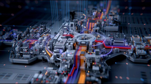 A computer generated image of a futuristic cityscape with a large, glowing, multi-colored, multi-colored, multi-colored, multi-colored, multi-colored, multi-colored, multi-colored, multi-colored, mult