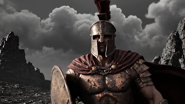Cinematic Ancient Greek Warrior Standing on Rocky Terrain with Stormy Sky 8K Video
