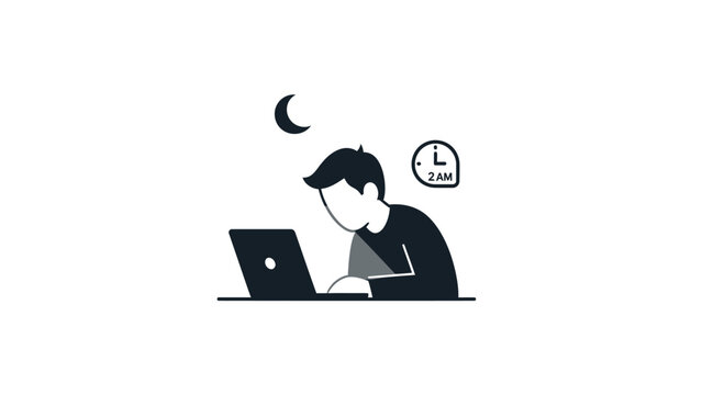 Man working late at night on laptop under moon and clock showing 2 am.
