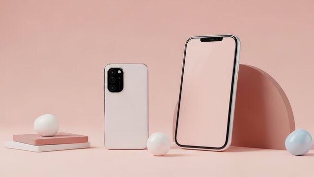 White iPhone and a white phone case are displayed on a pink background. for mock up
