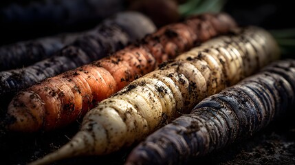 Assortment of Freshly Harvested Heirloom Carrots in Various Colors.