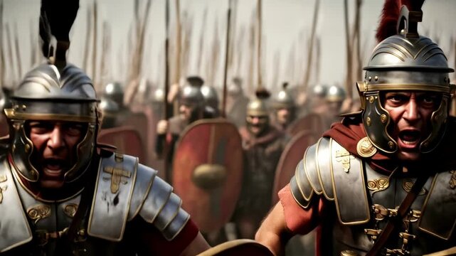 Roman legionnaires in full armor with angry war faces leading an army into historical battle. Ancient military troops in action, war and conflict.