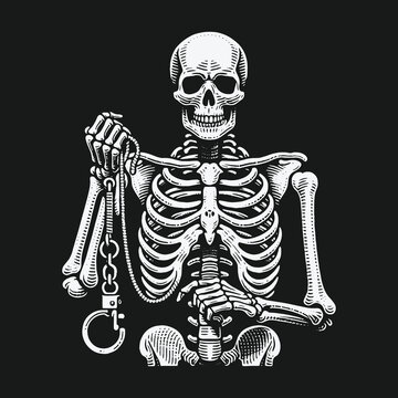 Vintage engraving style skeleton holding broken shackles symbolizing freedom.