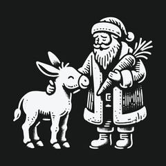 Fototapeta premium Vintage style illustration of Santa Claus petting a small donkey and holding carrots.