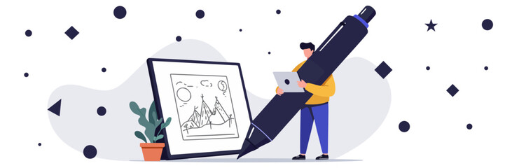 Illustration of a man holding a large stylized pen while standing next to a tablet showing a sketch of a mountain scene, symbolizing design, content creation, drawing, writing, and digital art tools.