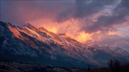 Sunset casts a warm glow on jagged mountain peaks highlighting snow covered ridges while colorful clouds create an enchanting sky. Nature's beauty shines brightly in the evening light.