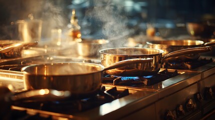 Busy Restaurant Kitchen With Pots and Pans Cooking.