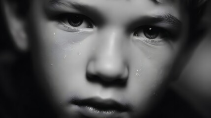 Close up Black and White Portrait of a Young Boys Face.