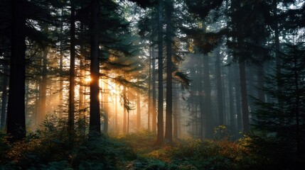 Fototapeta premium Golden sunlight filters through the branches of tall trees in a serene forest. Soft mist hovers close to the ground creating a peaceful and magical atmosphere in the early morning.