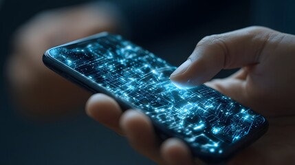 Close up of a hand holding a smartphone with a glowing digital network displayed on the screen.