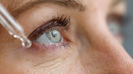 Close up of a person applying eye drops to their eye with a dropper.