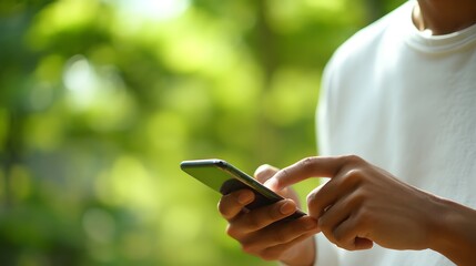 Close up of a person holding and using a smartphone outdoors with blurred green foliage in the background.