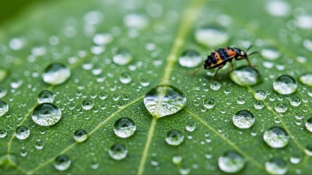 Close-up of tiny insect crawling on lush green leaf covered with water droplets after rainfall