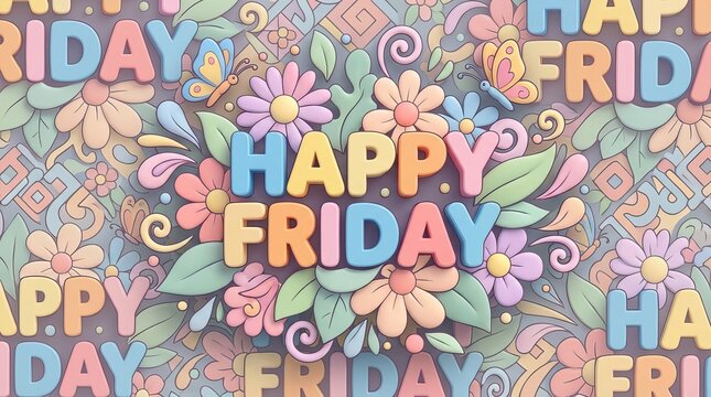Words &lsquo;HAPPY FRIDAY&rsquo; in playful lettering, adorned with vibrant colorful flowers, butterfly, and lush green leaves, creating a cheerful design