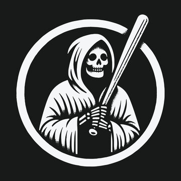 Circular emblem of a skeleton grim reaper holding a baseball bat.