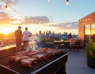 Rooftop barbecue at sunset with string lights illuminating the city skyline