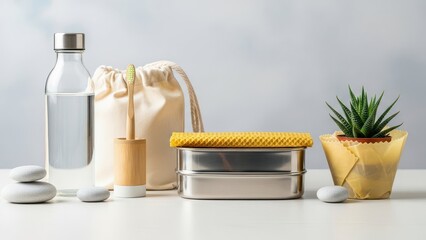 Silver container with a yellow cloth sits on a table next to a toothbrush. for mock up