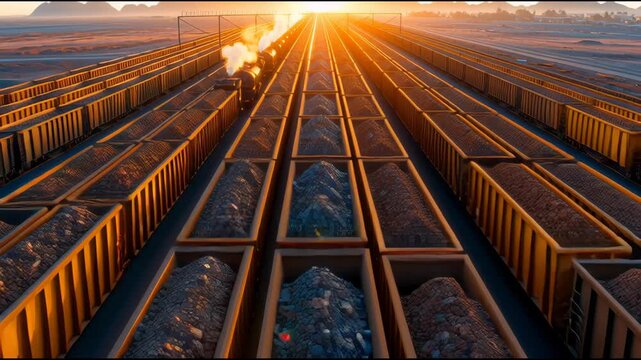 A train with many cars is shown in a long row. The train cars are filled with coal