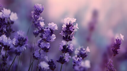 Obraz premium Close up of purple lavender flowers in a field with soft bokeh background.