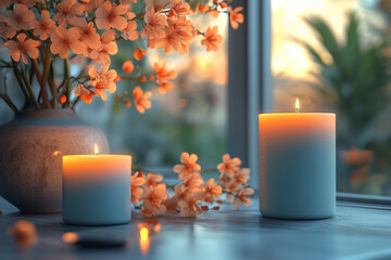 peaceful scene of candles resting on a table with lovely flowers