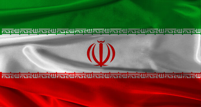 Flag of Iran with fabric textured background. Close up of National flag of Iran with realistic texture