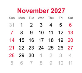Monthly calendar of November 2027