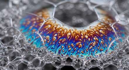 Extreme macro view of iridescent soap foam bubbles displaying vibrant blue, orange, and brown swirling patterns within a complex cellular structure.