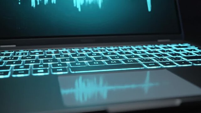 Laptop displaying audio waveform with glowing keyboard and trackpad.