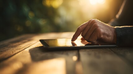 Close-up of a persons hand using a tablet outdoors during golden hour.