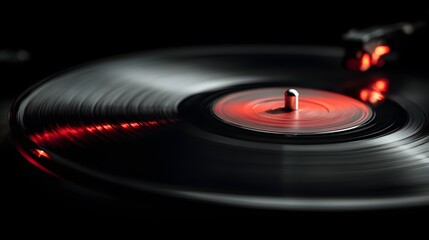 Close-up of a spinning vinyl record on a turntable with red glowing lights.