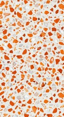 Seamless white terrazzo surface featuring a vibrant pattern of irregular orange and light-colored stone fragments, creating a modern background.