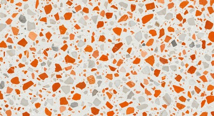 Seamless terrazzo stone surface featuring a vibrant pattern of orange, light peach, and gray fragments embedded in a light white background.