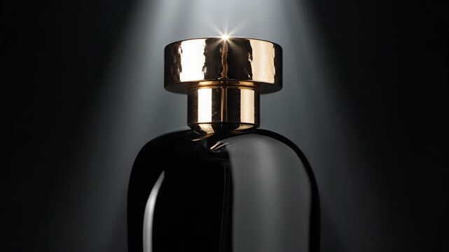 Luxurious Black Perfume Bottle with Gold Cap and Dramatic Spotlight.