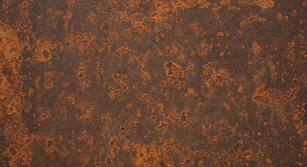 An aged and corroded metal sheet displays a vibrant orange rust texture against a dark brown weathered surface, creating a rugged industrial background.