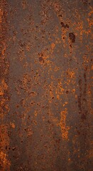 A close-up view of an old, heavily rusted metal sheet displaying dark brown and vibrant orange patches of corrosion, creating a rough industrial surface.