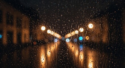 Raindrops streak down a wet glass window at night, blurring the vibrant orange and yellow streetlights and city bokeh in the dark urban background.