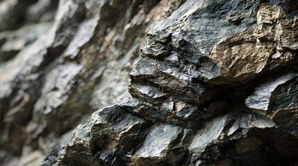 Close-up view of a rough, textured rock face with varied mineral deposits.