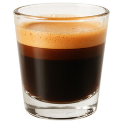 Espresso shot in clear glass with rich crema on top, showcasing fresh and aromatic coffee experience
