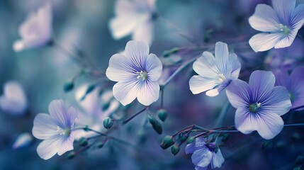 Delicate Blue Flax Flowers Blooming in Soft Morning Light.