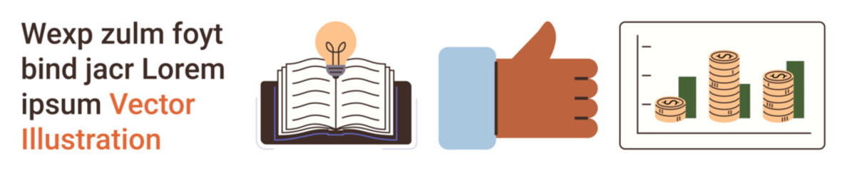 Education, innovation, success, financial growth, investment, productivity. Open book with lightbulb, thumbs up hand coin chart. Education and innovation concept learning and creativity © robu_s