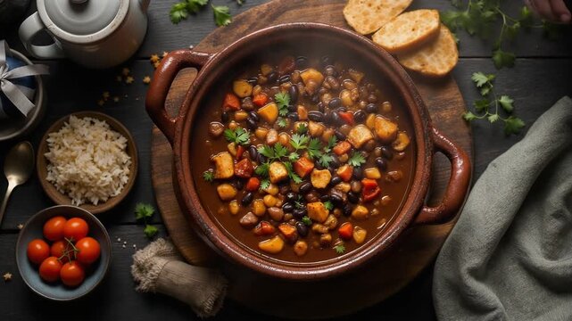 Brazilian feijoada overhead. Traditional black bean stew video.