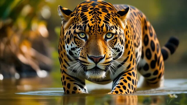 Jaguar in the wild: A majestic jaguar, showcasing its striking spotted coat, fearlessly walks in shallow water, its intense gaze conveying power, elegance, and survival prowess.