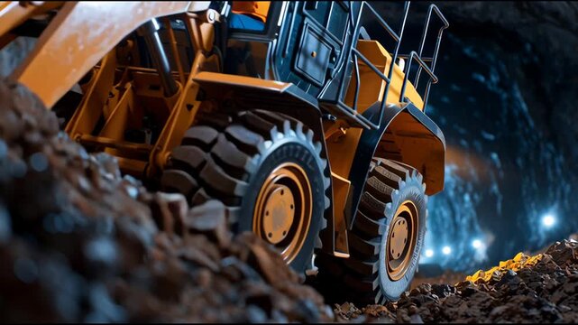 A yellow and black construction vehicle is driving through a rocky tunnel. The driver is wearing a yellow helmet