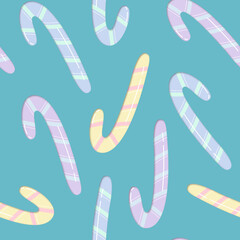 Seamless pattern with cute pastel candy canes. Paper cut style Christmas background with sweet lollipops.